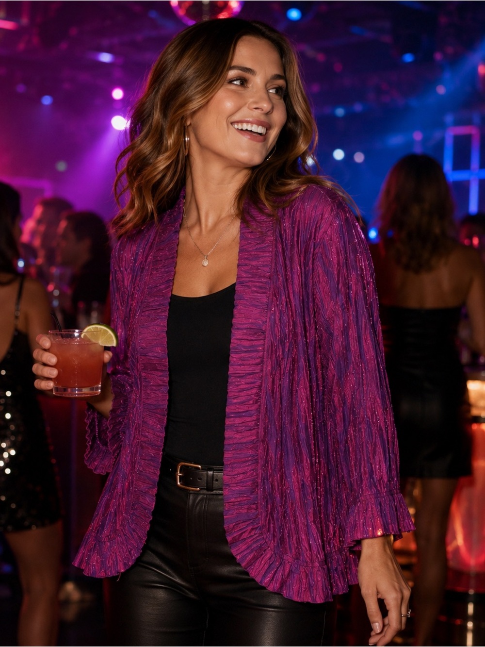 Chicos 2 Large Translucent Crinkle Purple Long Sleeve Open Front Ruffle Jacket